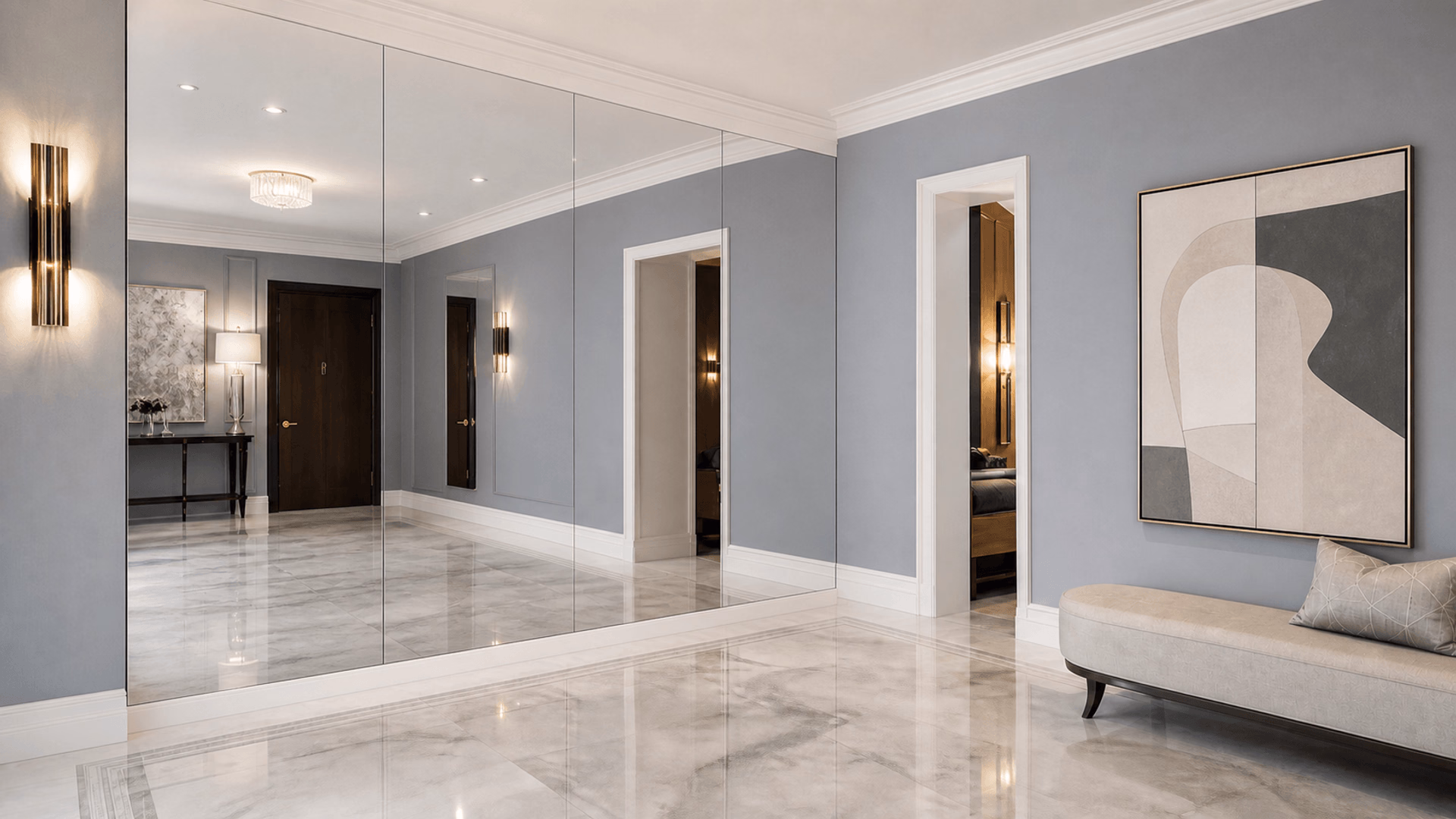 Luxury interior with large custom mirror panels installed by Ideal Glass and Mirror
